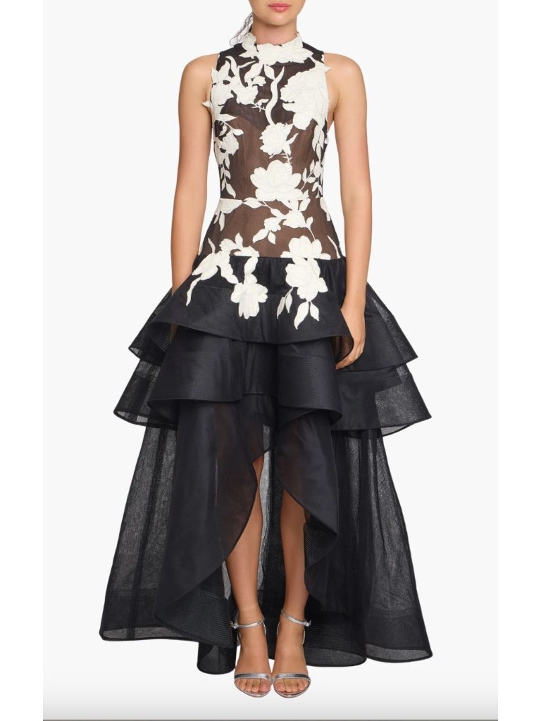 Marchesa Notte $1,195 Leather Guipure High Neck Sleeveless Tiered Gown Size 16